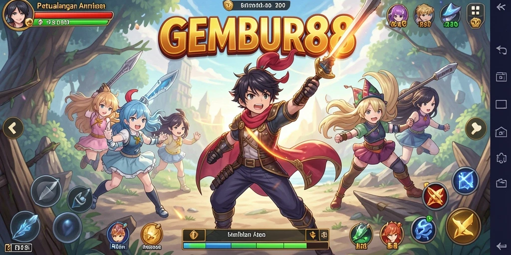 Tampilan gameplay <strong>GEMBUR88</strong> yang menawan dan karakter yang berwarna-warni.