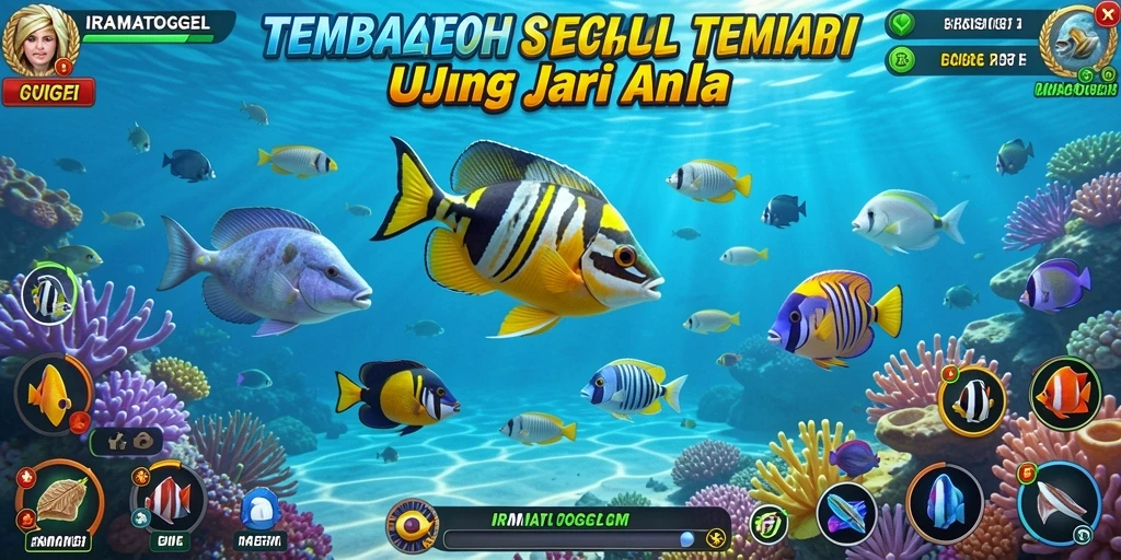 Screenshot gameplay IRAMATOGEL dengan ikan berwarna-warni.