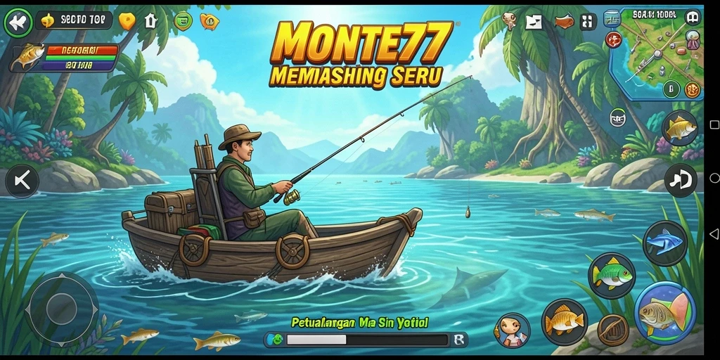 Screenshot gameplay MONTE77 menampilkan aksi seru memancing di air yang jernih.