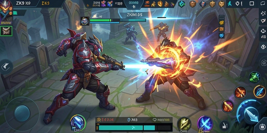 Tampilan gameplay seru di ZK9 saat pertarungan terjadi.